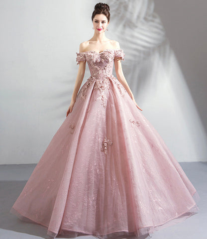 Pink tulle lace long prom dress A line evening gown  10359