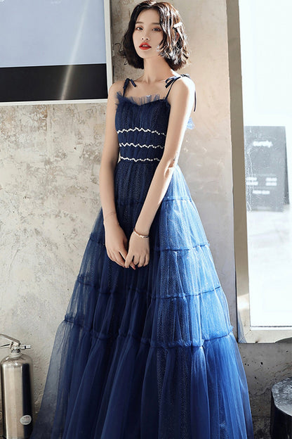 Blue tulle long A line prom dress blue evening dress  8741