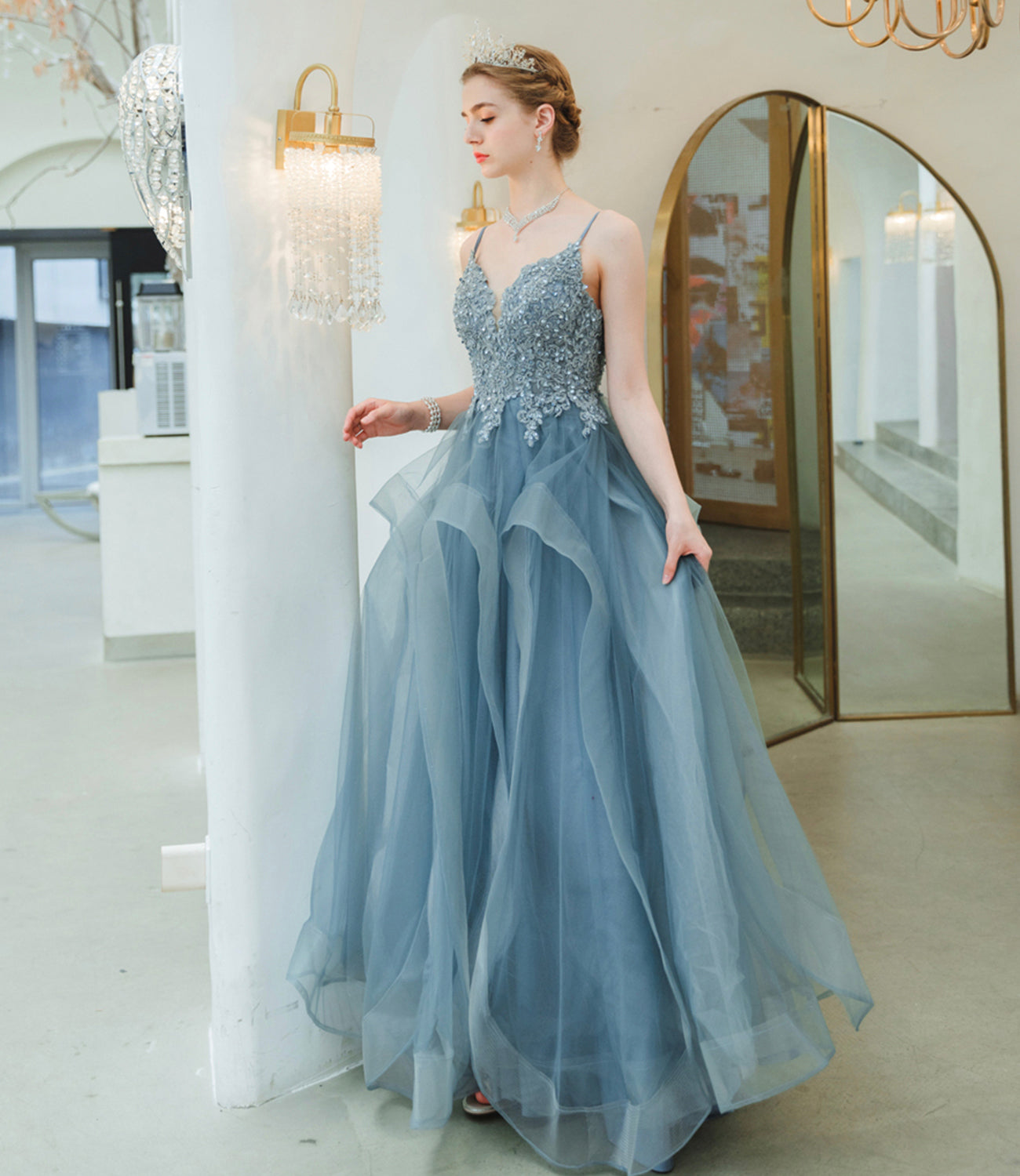 Blue tulle lace long prom dress blue evening gown  10241