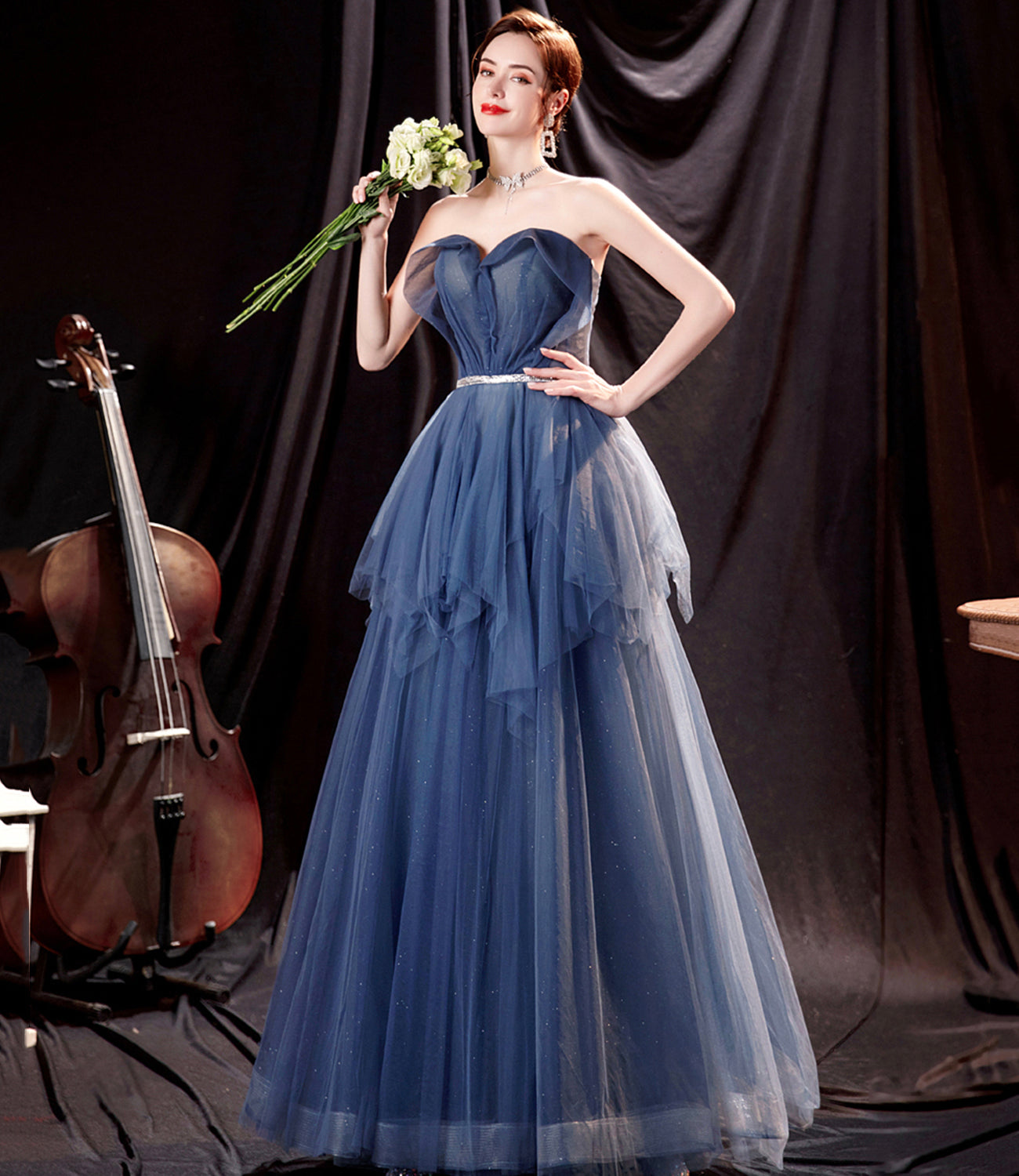 Blue tulle long A line prom dress blue evening dress  10533