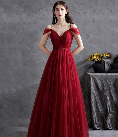 Burgundy v neck tulle long prom dress evening dress  8871