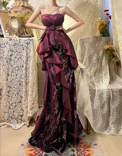 Purple Lace Beautiful Mermaid Long Satin Ball Gown Evening Dress gh4440