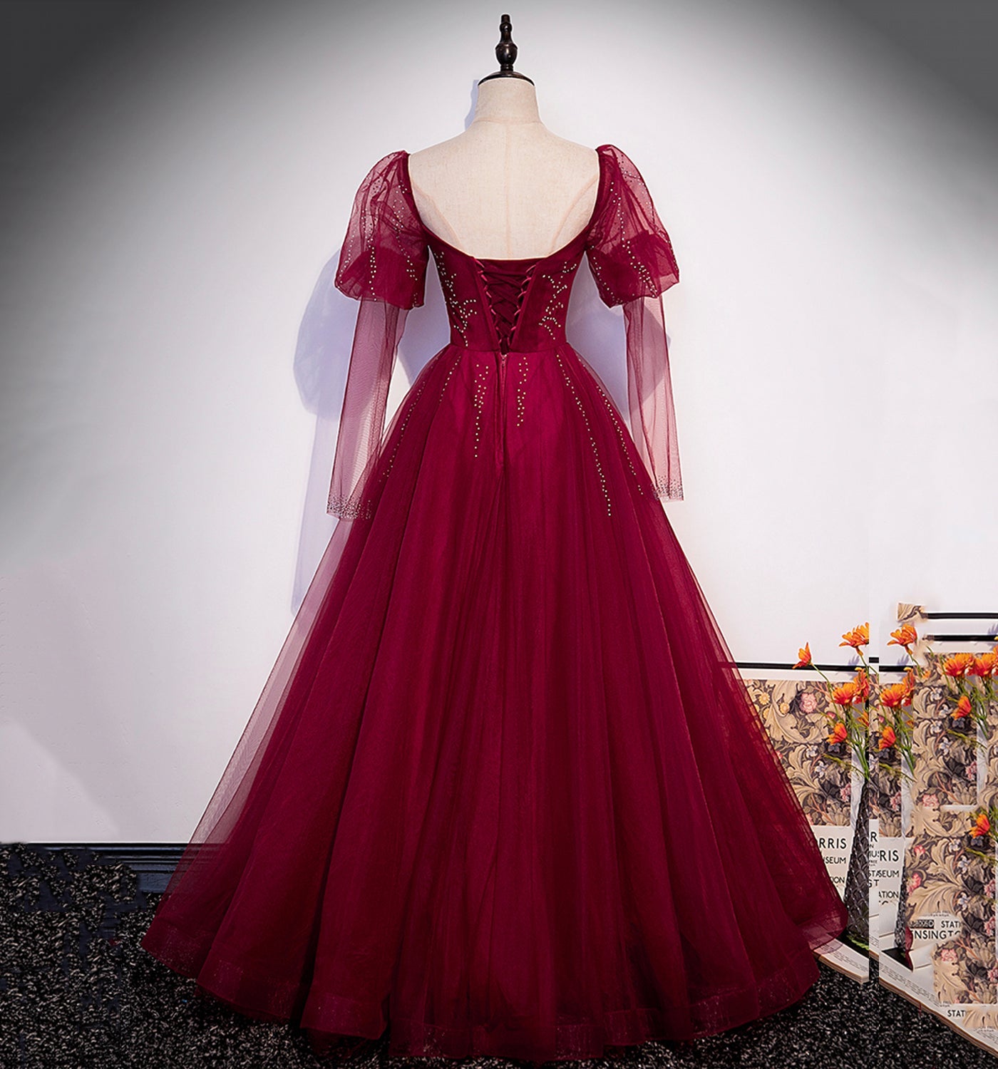 Burgundy tulle beads long prom dress evening gown  10005