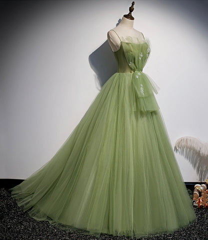 Green tulle long prom dress A line evening dress  10651