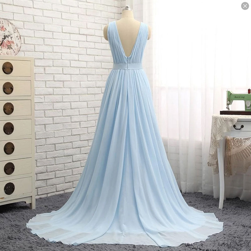 Light blue v neck chiffon long prom dress, evening dress  8129