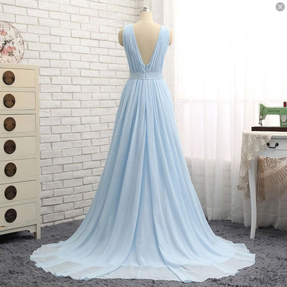 Light blue v neck chiffon long prom dress, evening dress  8129