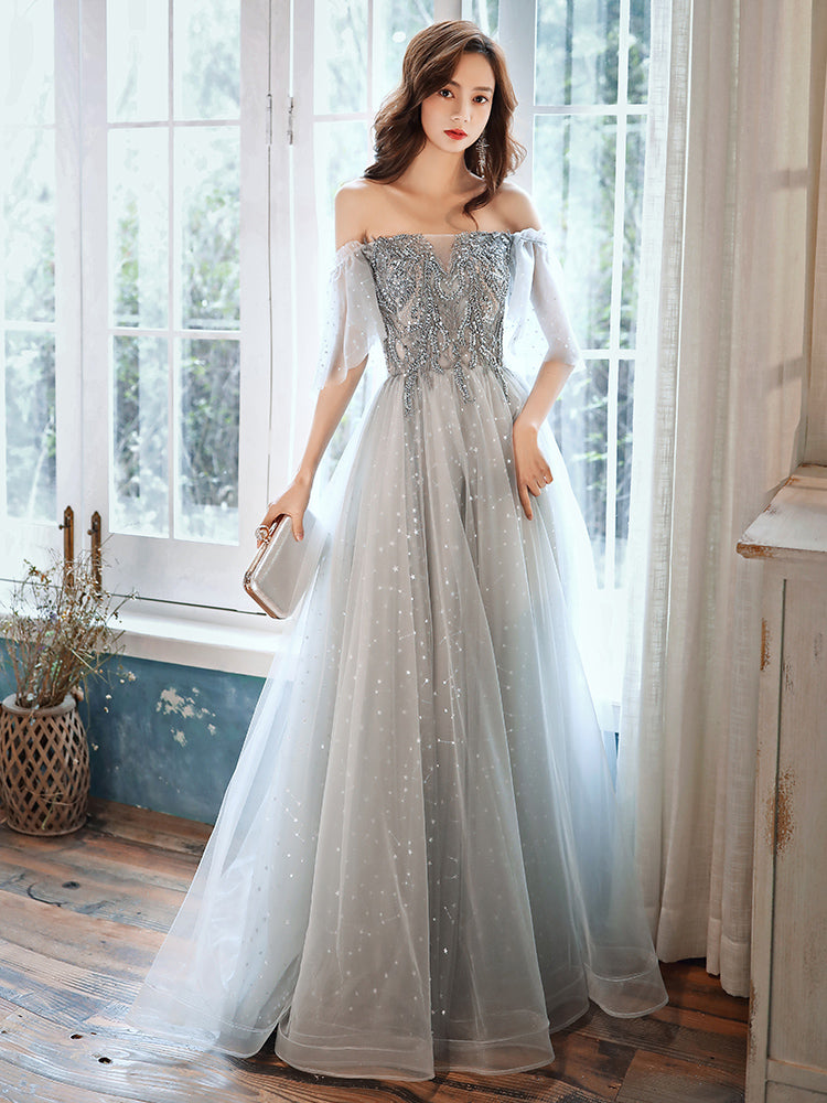Gray tulle beads prom dress evening dress  8378