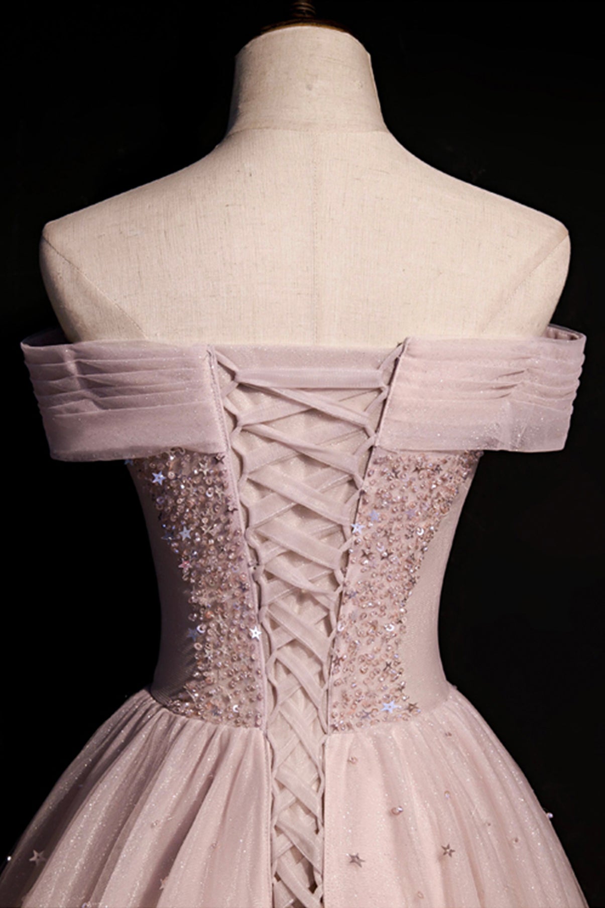 Pink tulle beads long prom dress A line evening dress  8648