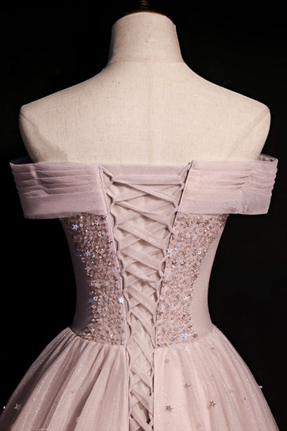 Pink tulle beads long prom dress A line evening dress  8648