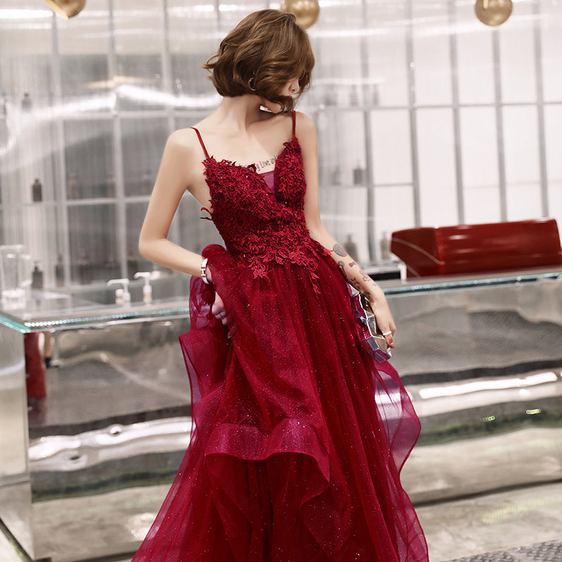 Burgundy lace tulle long A line prom dress  8220