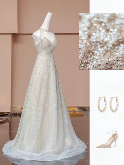 Champagne gold shining elegant tulle long prom dress evening dress party dress gh4870