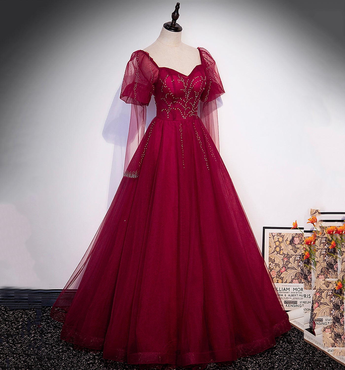 Burgundy tulle beads long prom dress evening gown  10005