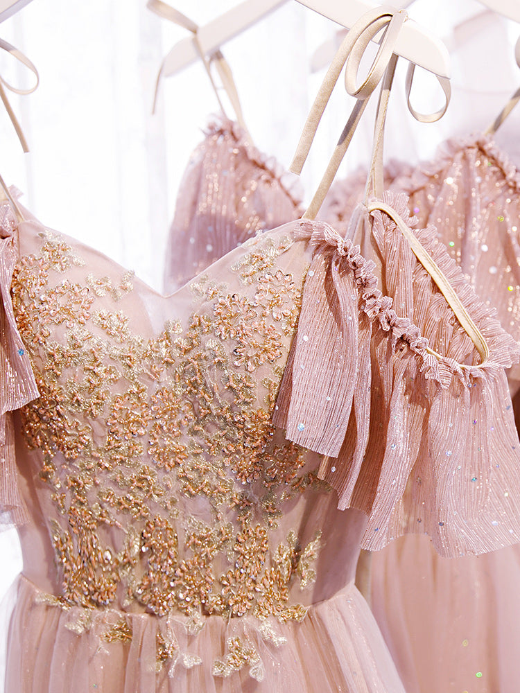 Pink tulle lace long prom dress evening dress  8349