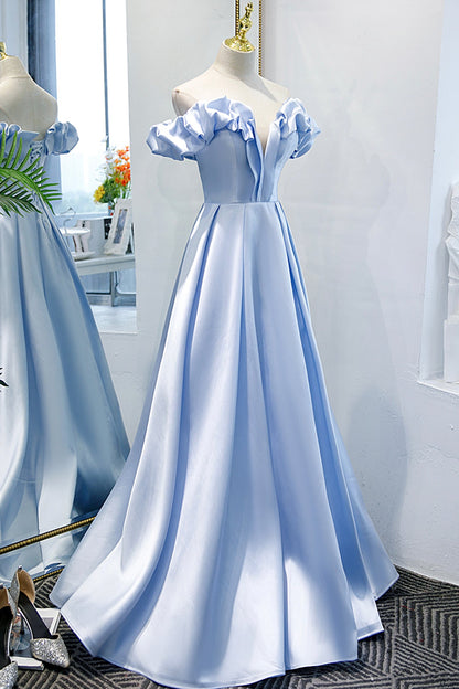 Blue satin long A line prom dress blue evening dress  8746