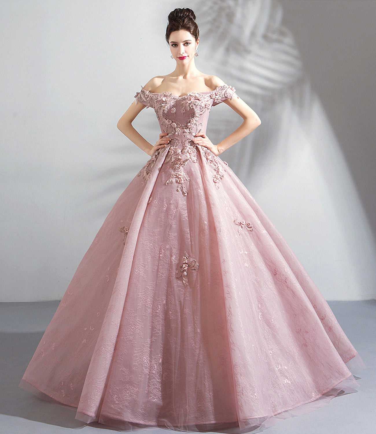 Pink tulle lace long prom dress A line evening gown  10359