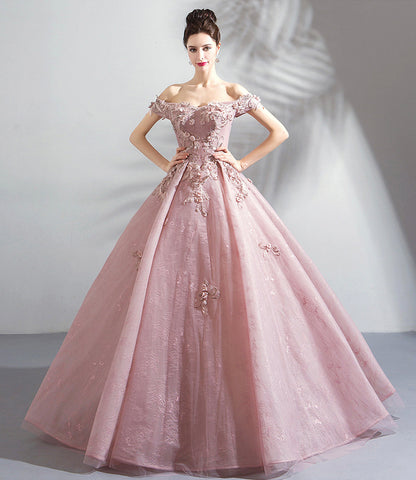 Pink tulle lace long prom dress A line evening gown  10359