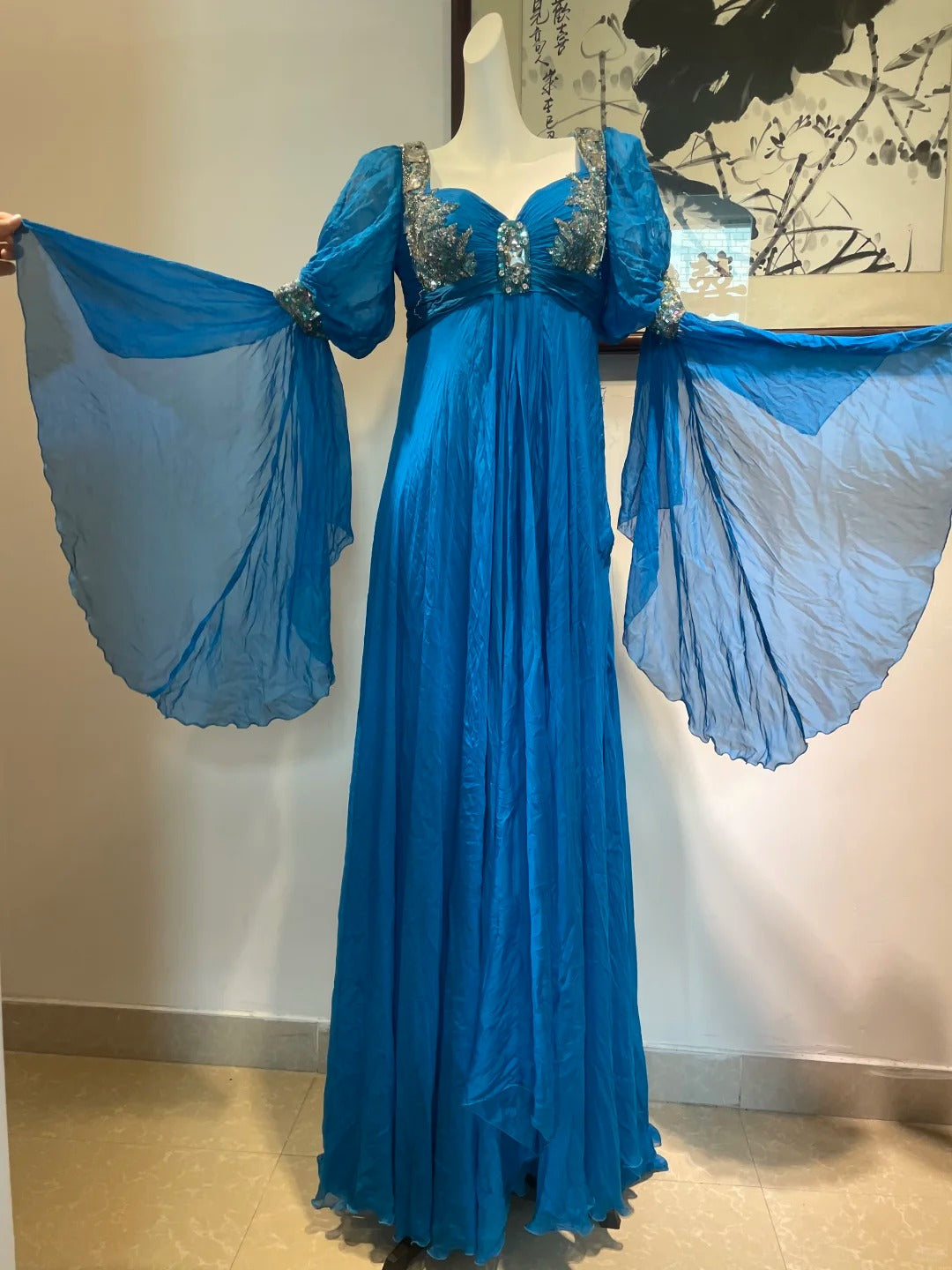 Blue Vintage Long Sleeve Beaded Long Chiffon Prom dresses Evening Gown Party Dress gh4941