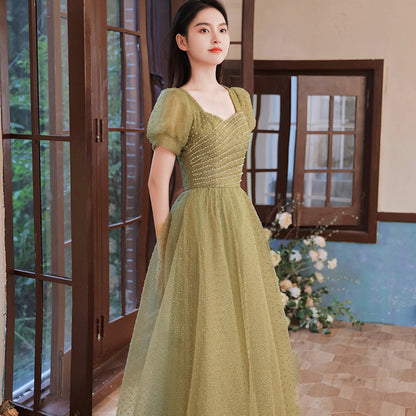Green tulle beads long prom dress A line evening dress  8993