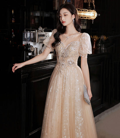 Champagne tulle sequins long prom dress evening dress  10325