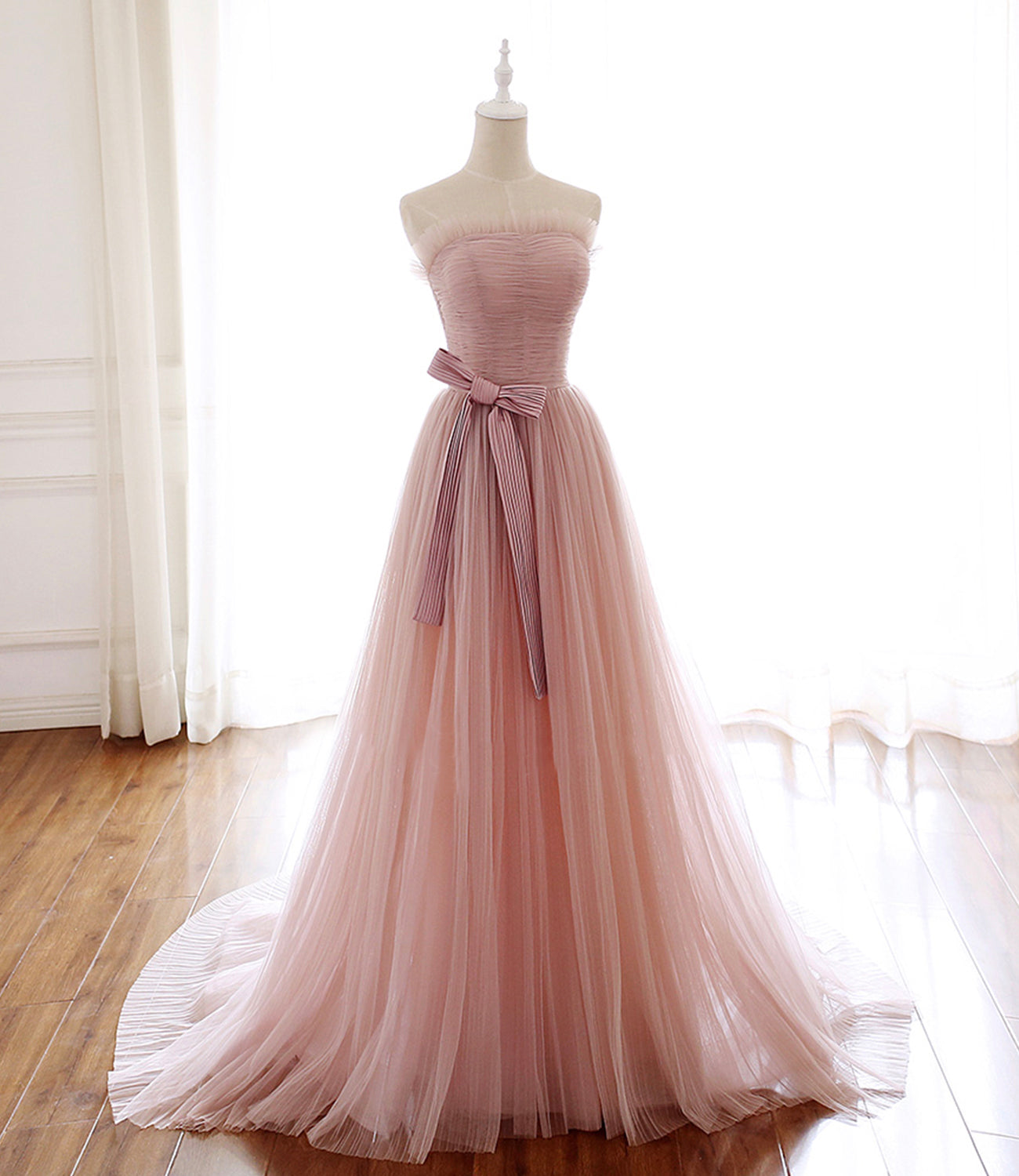Pink tulle long prom dress pink evening dress  8584