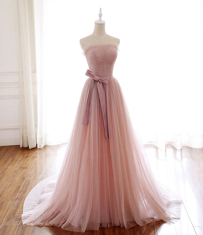 Pink tulle long prom dress pink evening dress  8584