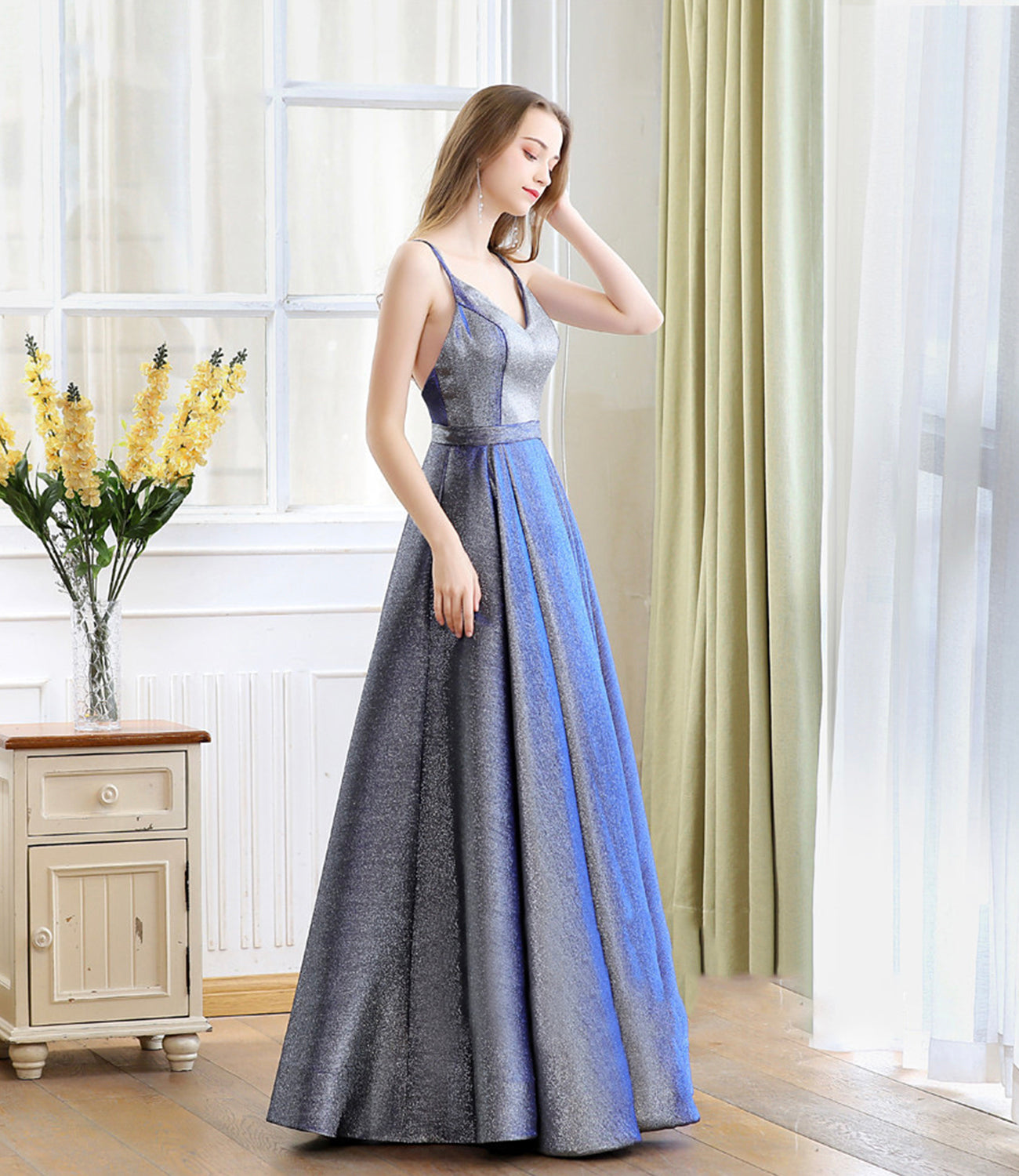 Blue satin long A line prom dress blue evening dress  10235
