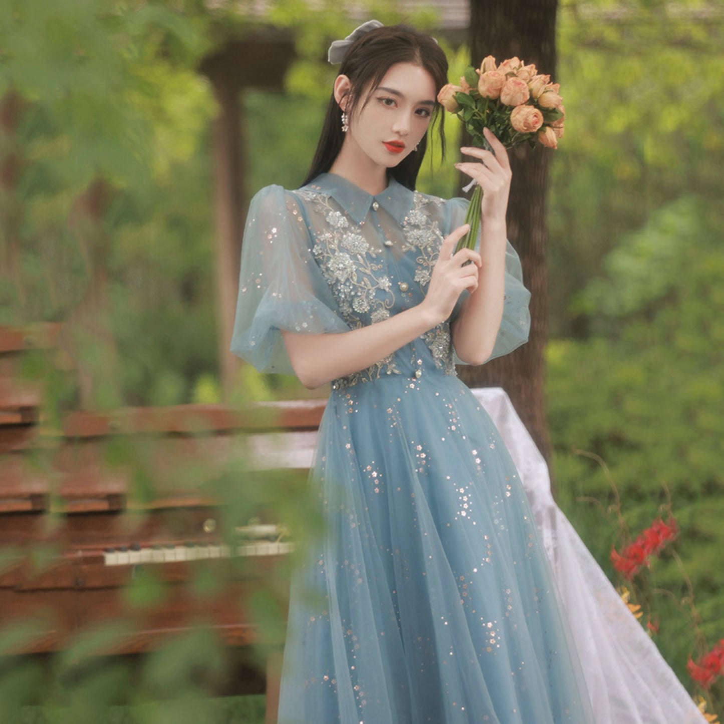 Blue tulle lace long prom dress evening dress  8999