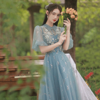 Blue tulle lace long prom dress evening dress  8999