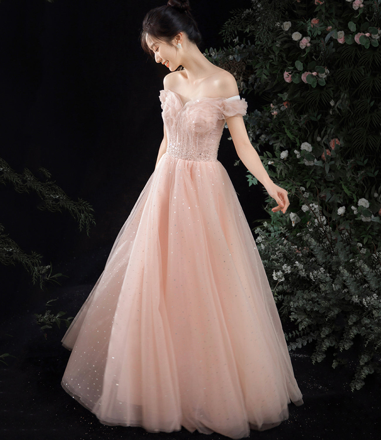 Pink tulle long A line prom dress pink evening dress  8891