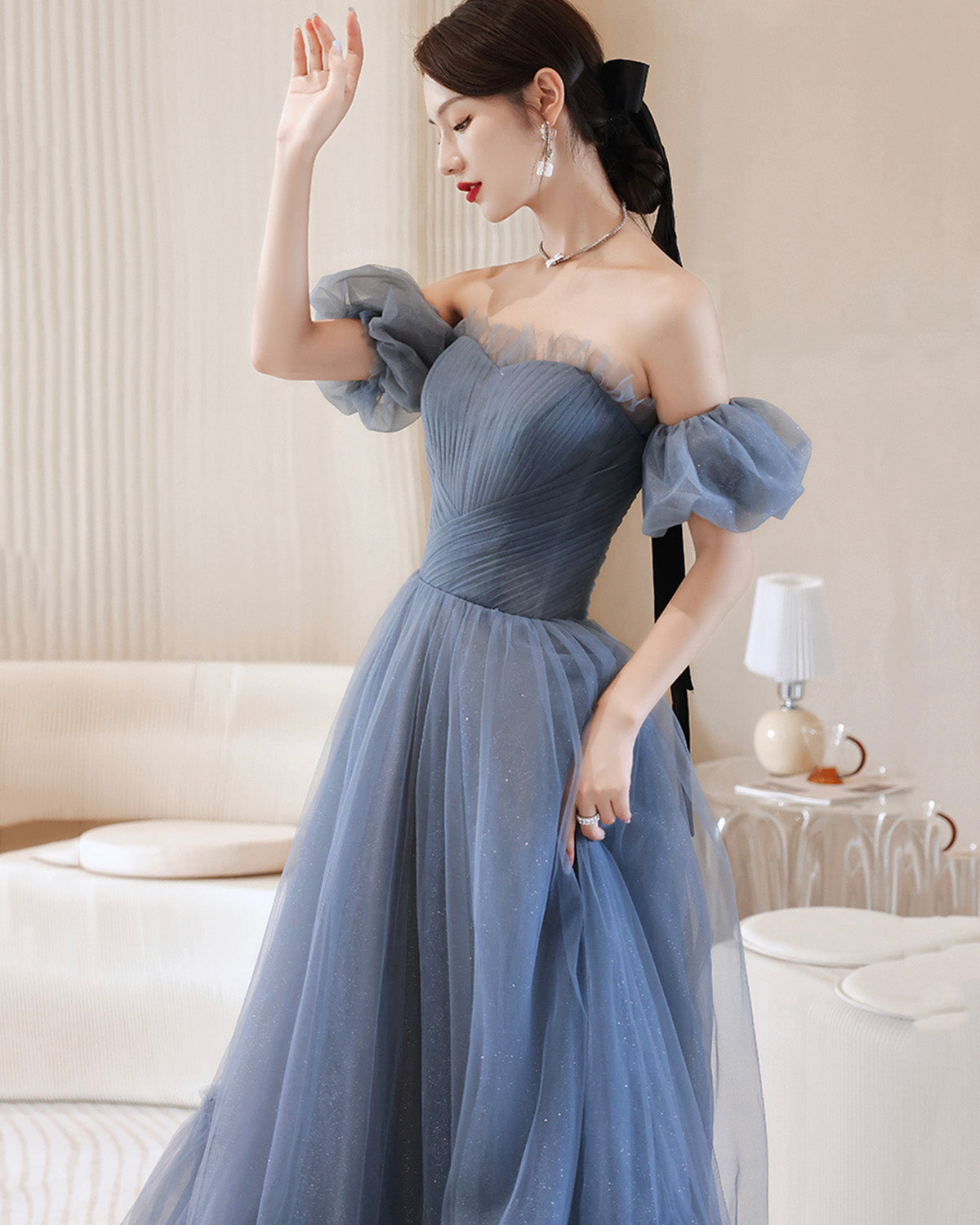 Blue tulle long A line prom dress blue evening dress  8903