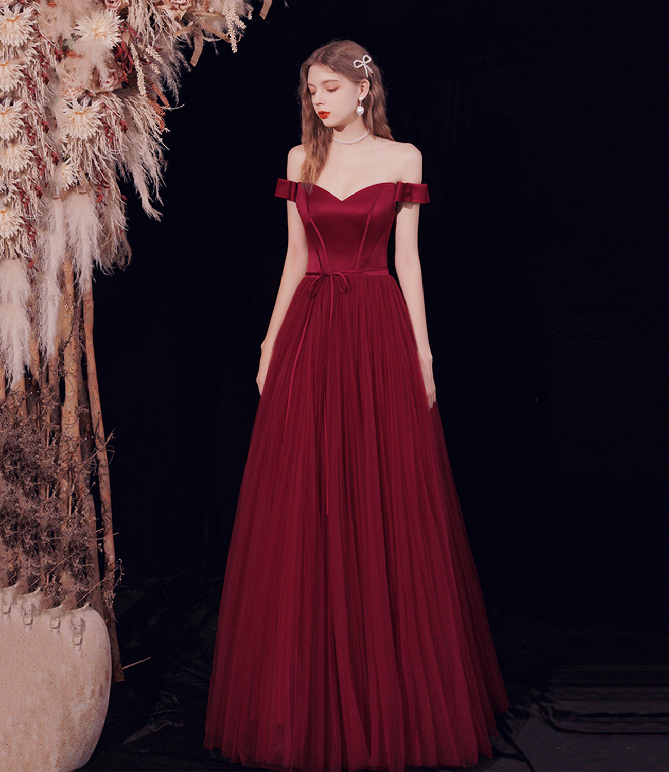 Burgundy tulle long A line prom dress evening dress  8678
