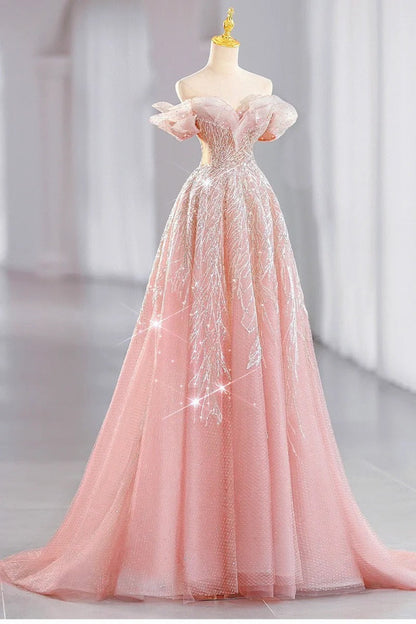 Pink gorgeous shiny dreamy elegant fashion exquisite beaded long floor-length trailing tulle ball gown evening dress gh4000