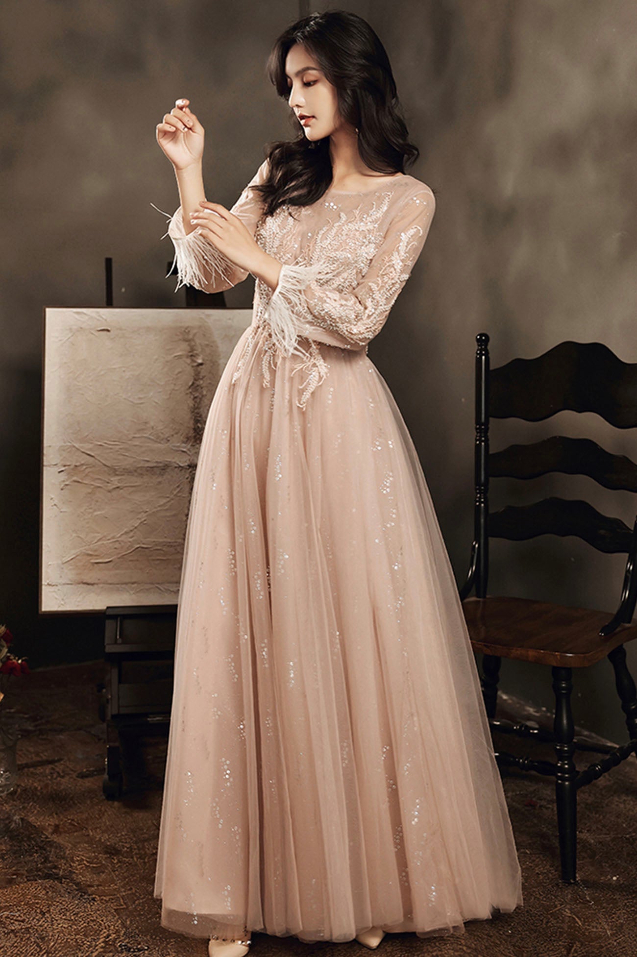 Stylish tulle lace long prom dress long sleeve evening dress  10176