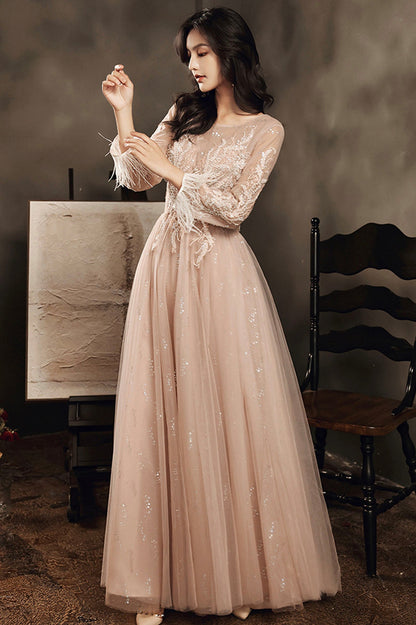 Stylish tulle lace long prom dress long sleeve evening dress  10176
