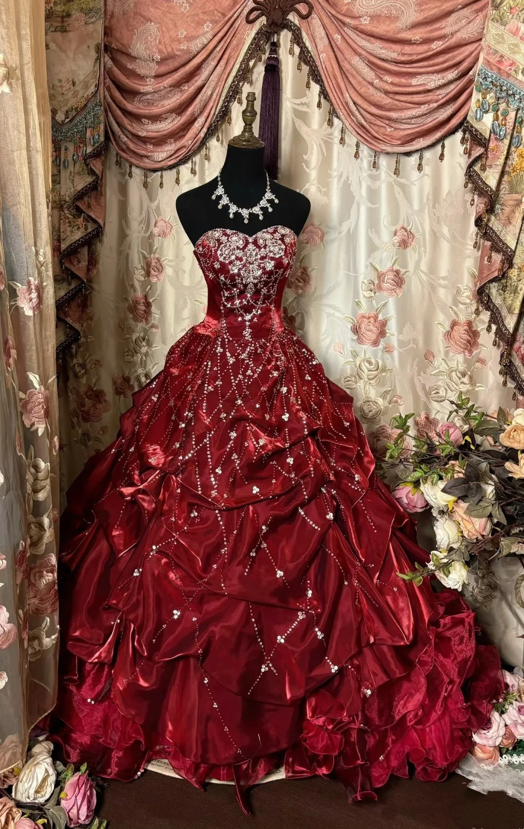Red gorgeous beaded long satin tulle ball gown evening dress gh4826