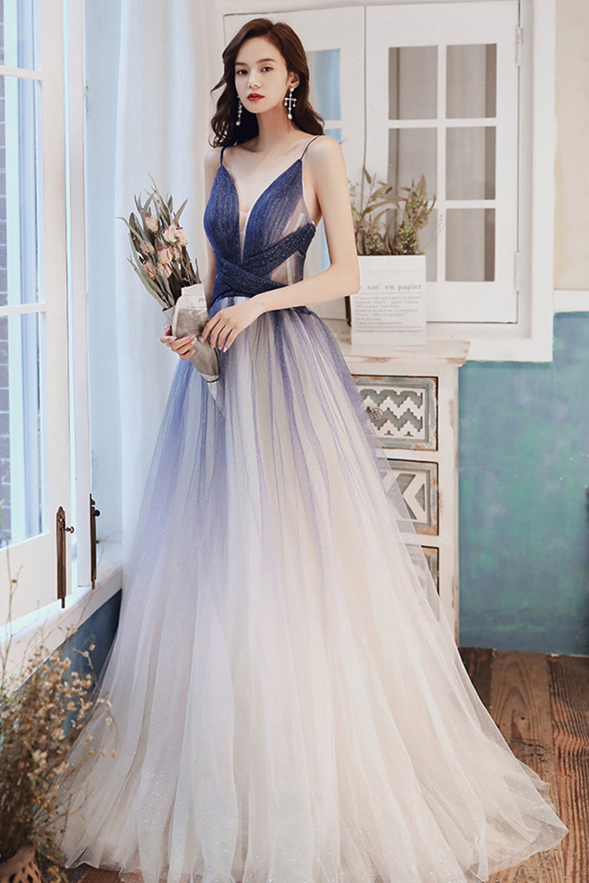 Stylish v neck tulle long A line prom dress blue evening dress  8725