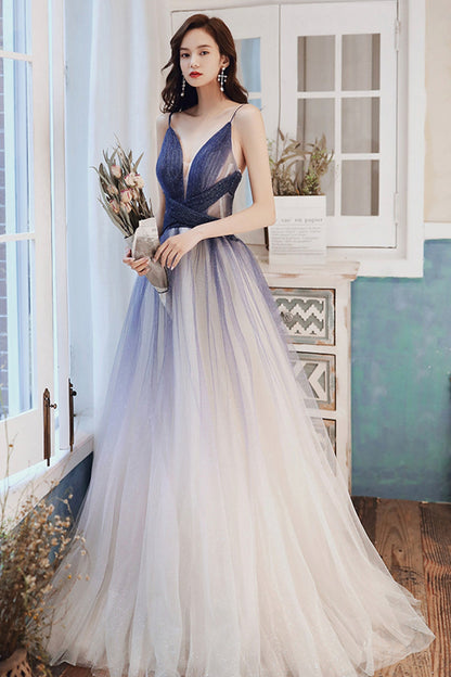Stylish v neck tulle long A line prom dress blue evening dress  8725
