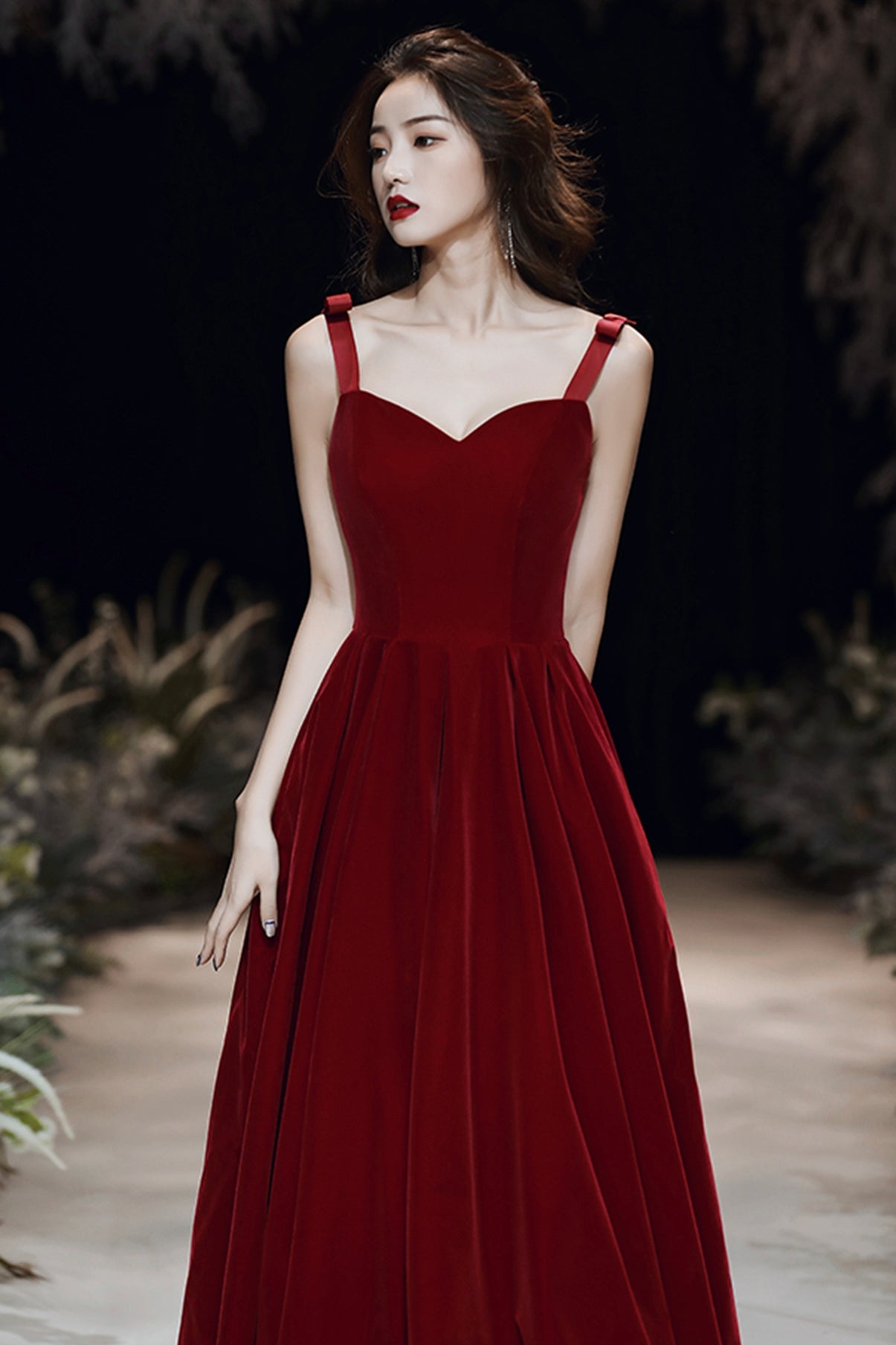 Burgundy velvet long A line prom dress evening dress  8699