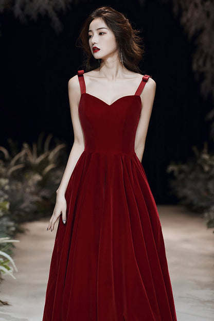 Burgundy velvet long A line prom dress evening dress  8699