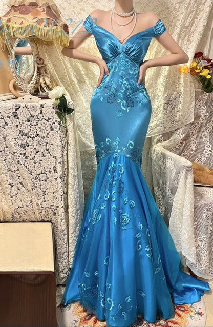 Blue Floral Elegant Long Satin Ball Gown Evening Gown Party Dress Bridesmaid Dresses gh4464