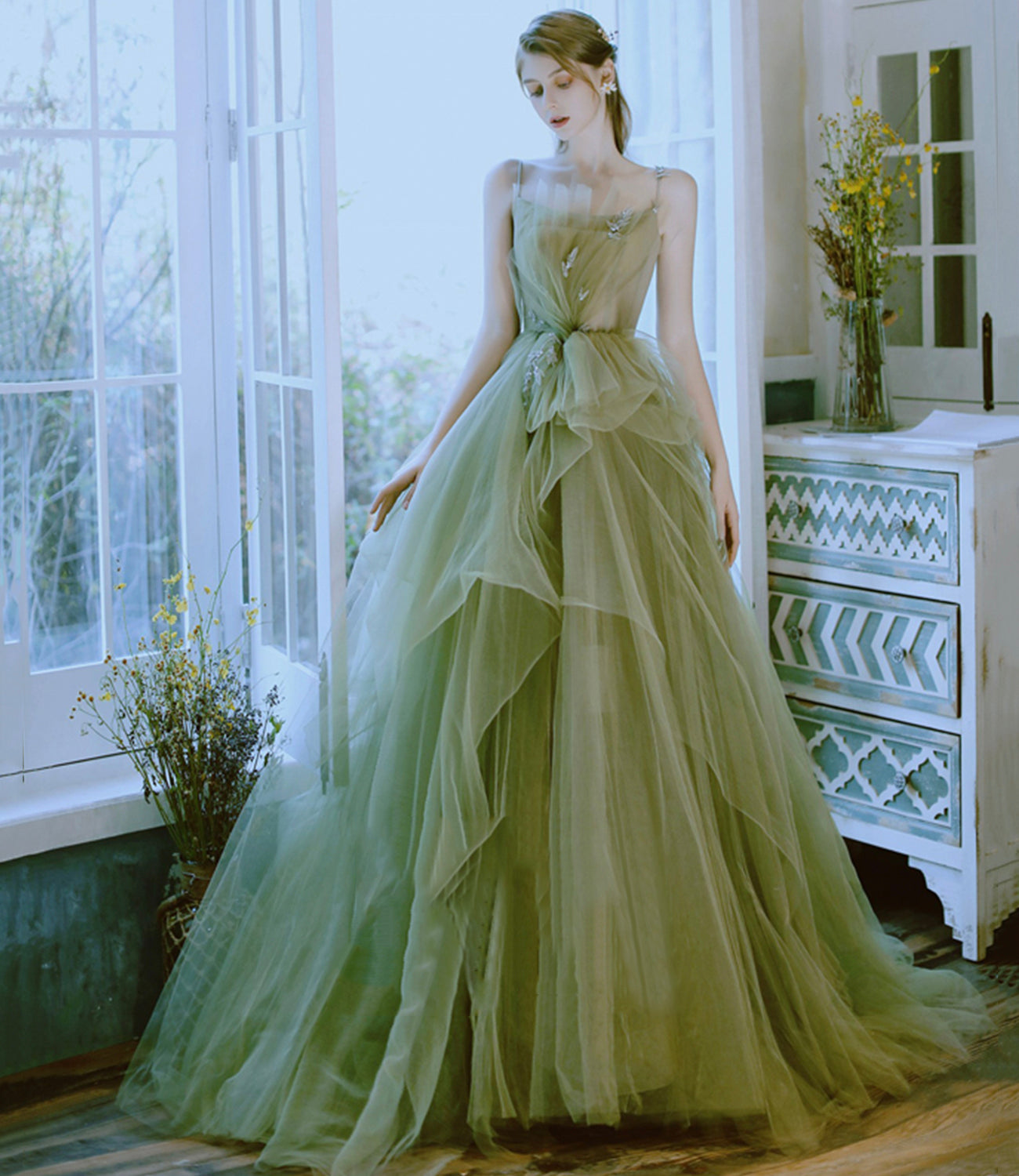 Green tulle long prom dress green evening dress  8599