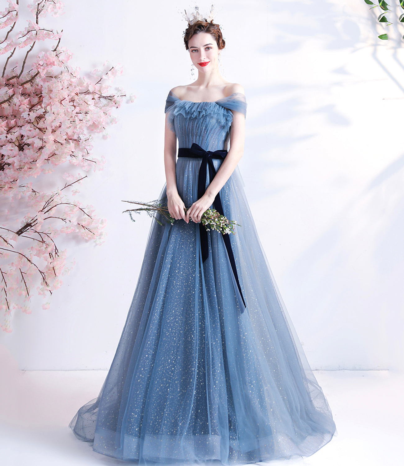 Blue tulle long A line prom dress blue evening dress  8777