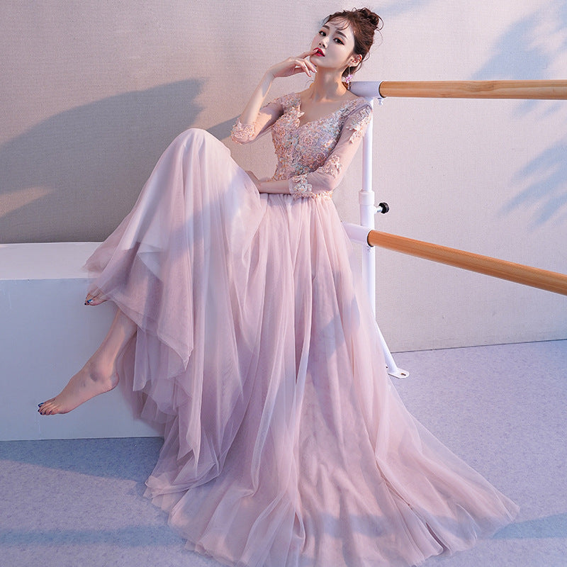 Pink long sleeve lace prom dress evening dress  8374