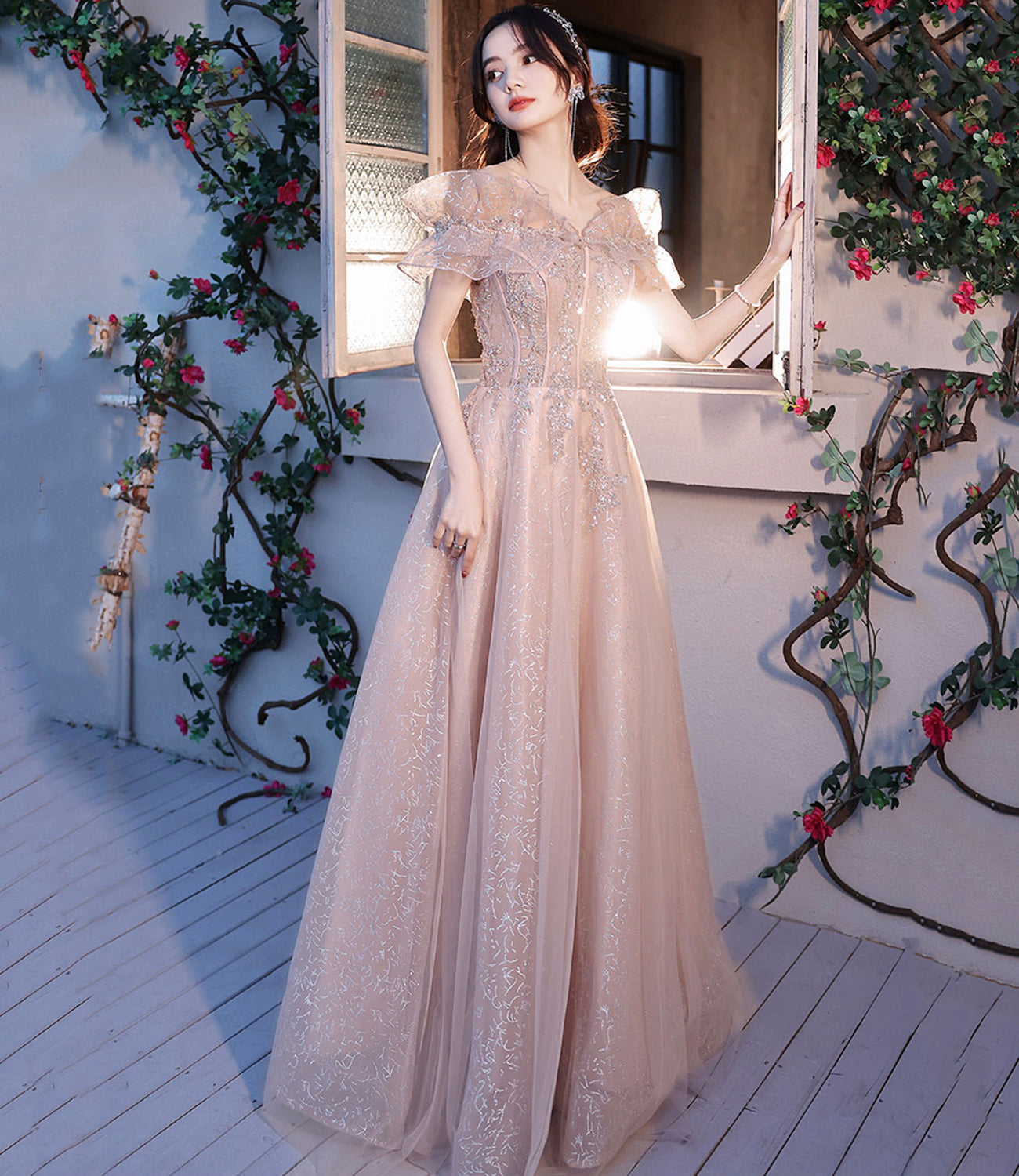 Pink tulle beads long prom dress A line evening dress  10487