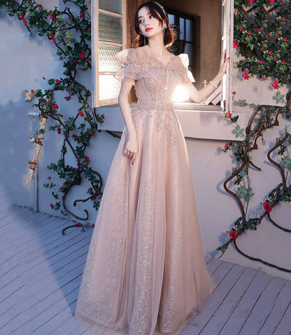 Pink tulle beads long prom dress A line evening dress  10487