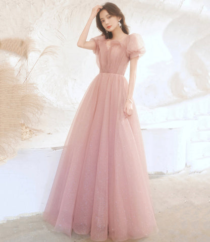 Pink tulle long prom dress pink evening gown  10258