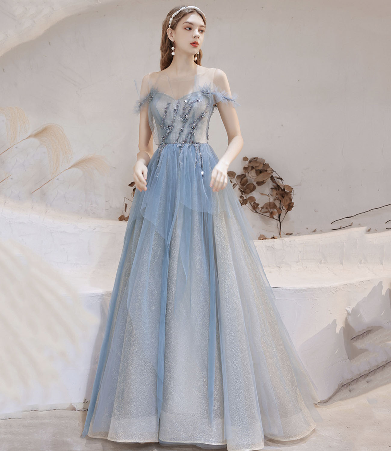 Blue tulle beads long prom dress blue evening dress  10283