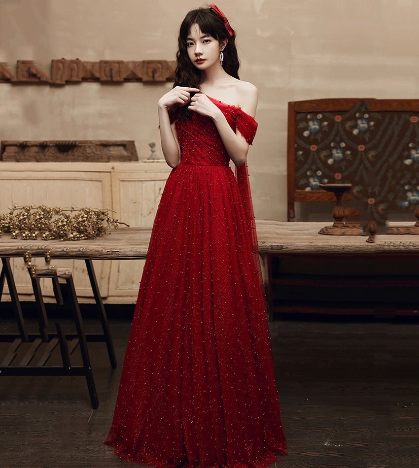 Burgundy tulle beads long prom dress one shoulder evening dress  8552