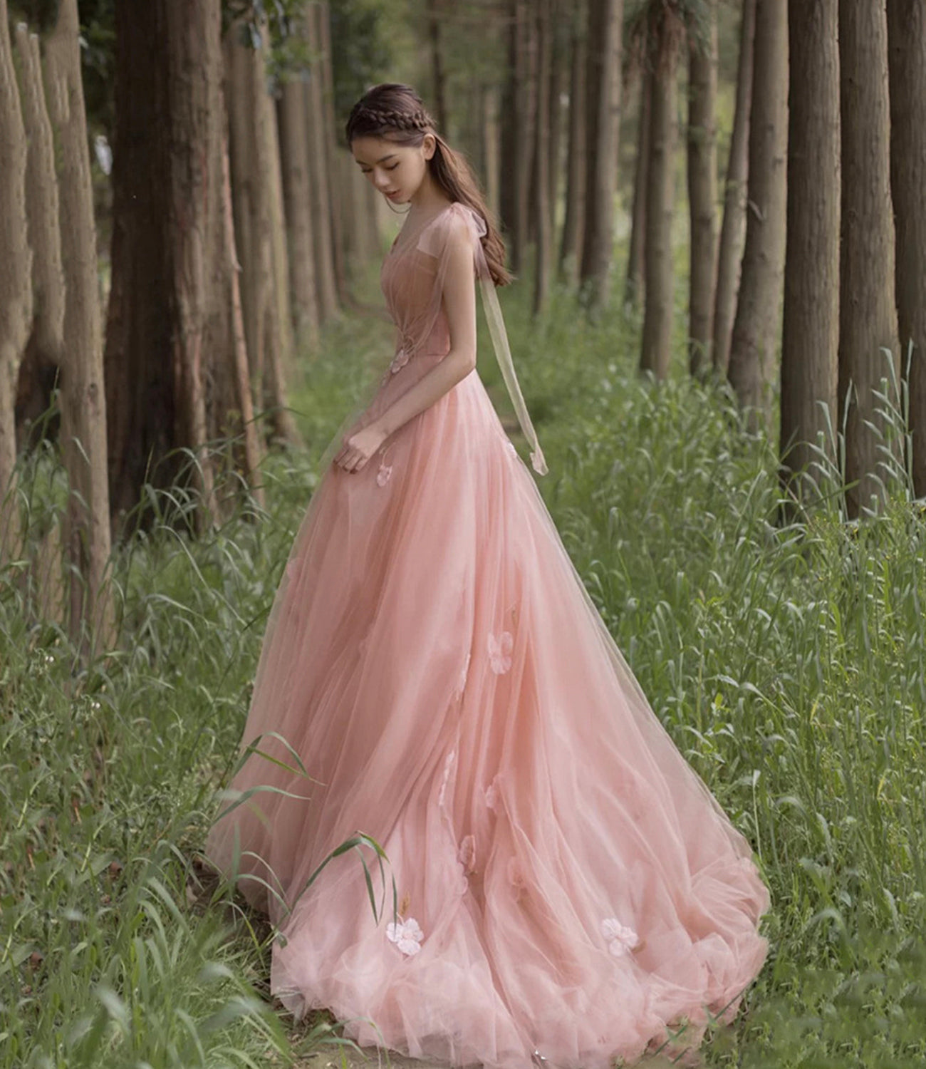 Pink 3D Flowers Long Prom Dress A line Evening Dress  10466
