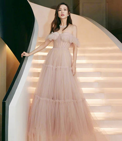 Pink tulle long prom dress A line evening dress  10336